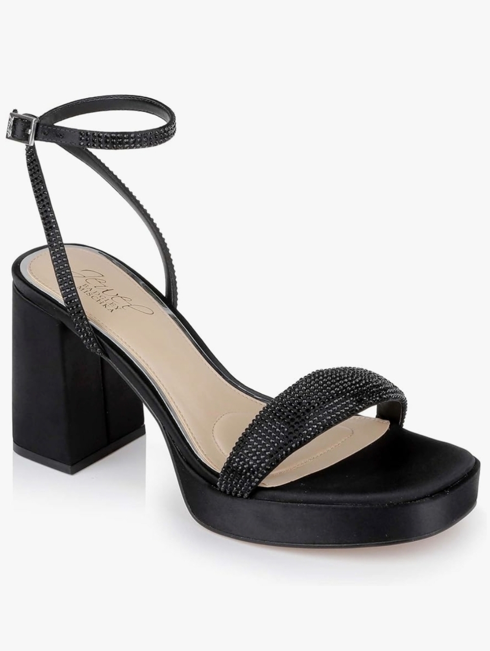 Jewel Badgley Mischka Black Crystal-Embellished Block Heel Sandal Size 10